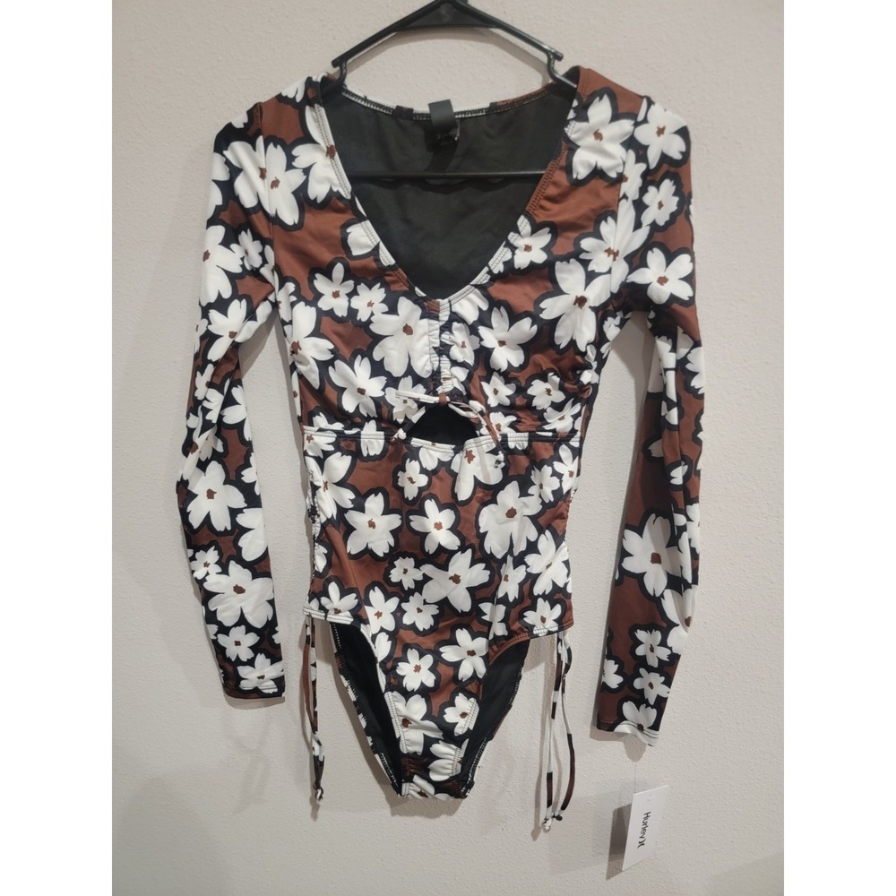 Hurley Brown Floral Long Sleeve One-Piece Swimsuit
